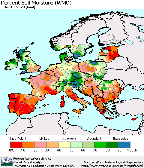 Europe Percent Soil Moisture (WMO) Thematic Map For 7/13/2020 - 7/19/2020