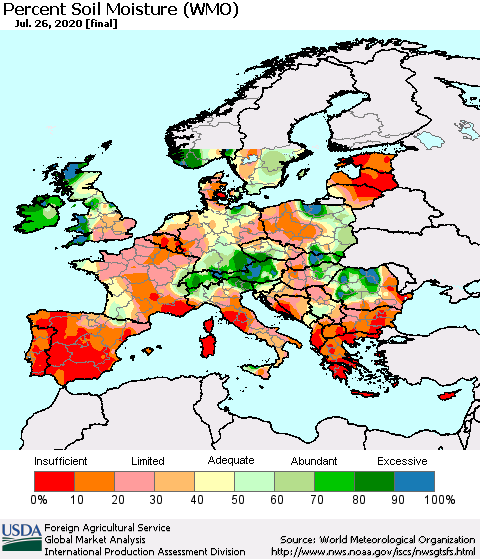 Europe Percent Soil Moisture (WMO) Thematic Map For 7/20/2020 - 7/26/2020