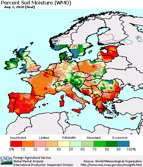 Europe Percent Soil Moisture (WMO) Thematic Map For 7/27/2020 - 8/2/2020