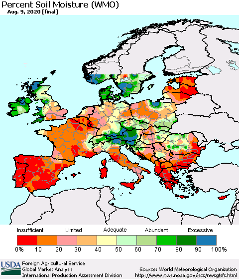 Europe Percent Soil Moisture (WMO) Thematic Map For 8/3/2020 - 8/9/2020