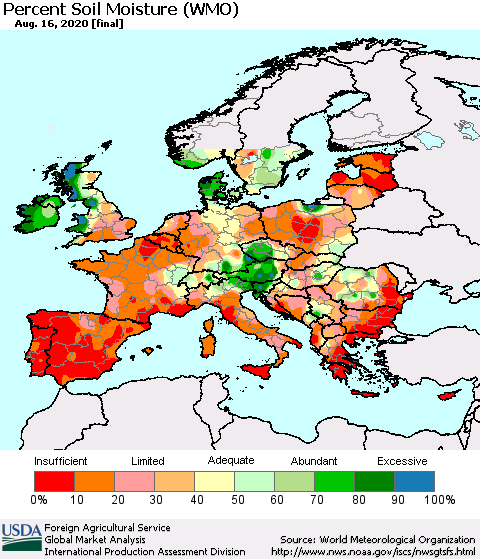 Europe Percent Soil Moisture (WMO) Thematic Map For 8/10/2020 - 8/16/2020