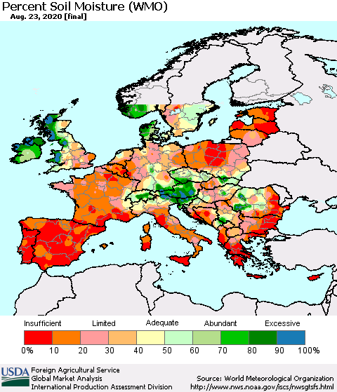Europe Percent Soil Moisture (WMO) Thematic Map For 8/17/2020 - 8/23/2020
