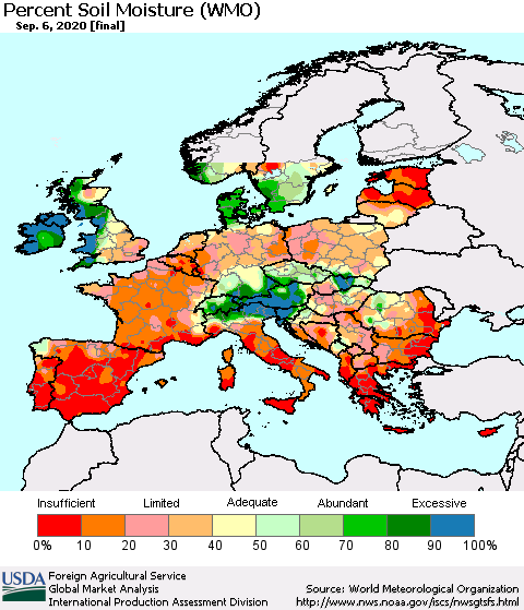 Europe Percent Soil Moisture (WMO) Thematic Map For 8/31/2020 - 9/6/2020