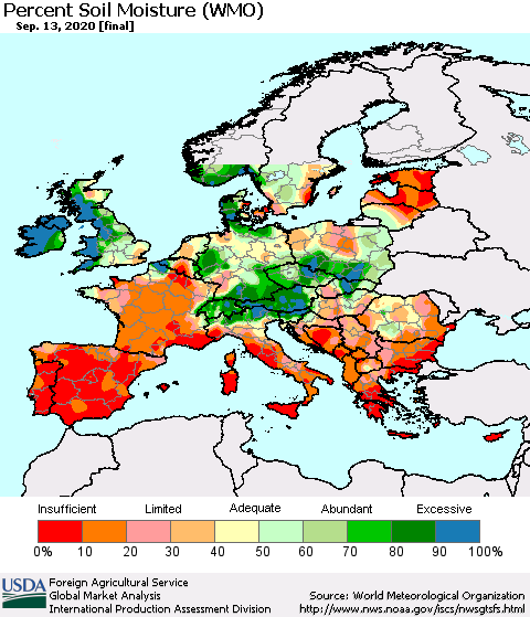 Europe Percent Soil Moisture (WMO) Thematic Map For 9/7/2020 - 9/13/2020