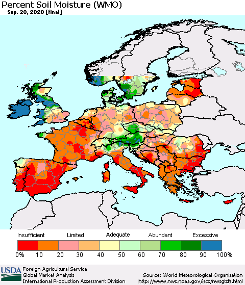 Europe Percent Soil Moisture (WMO) Thematic Map For 9/14/2020 - 9/20/2020