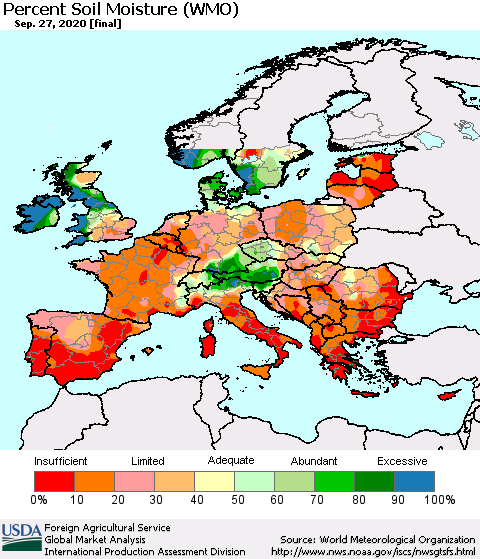Europe Percent Soil Moisture (WMO) Thematic Map For 9/21/2020 - 9/27/2020