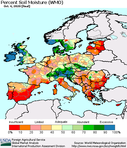 Europe Percent Soil Moisture (WMO) Thematic Map For 9/28/2020 - 10/4/2020