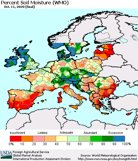 Europe Percent Soil Moisture (WMO) Thematic Map For 10/5/2020 - 10/11/2020