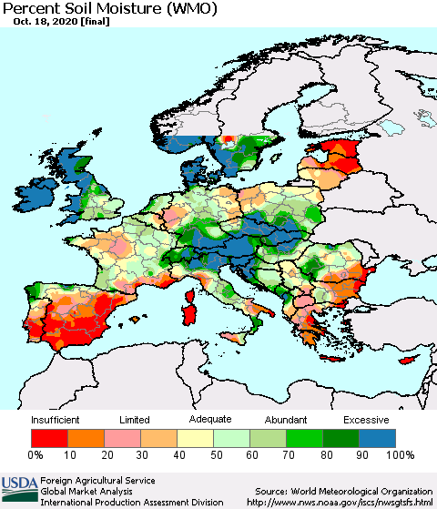 Europe Percent Soil Moisture (WMO) Thematic Map For 10/12/2020 - 10/18/2020