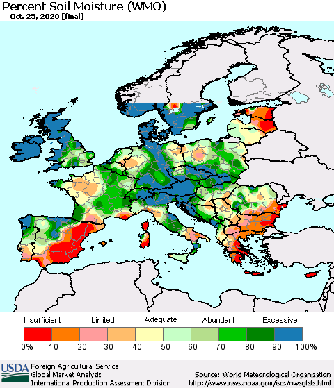 Europe Percent Soil Moisture (WMO) Thematic Map For 10/19/2020 - 10/25/2020