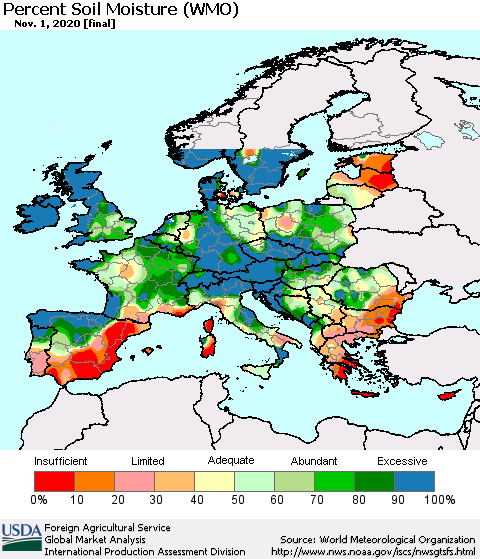 Europe Percent Soil Moisture (WMO) Thematic Map For 10/26/2020 - 11/1/2020