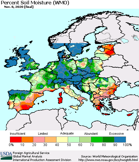 Europe Percent Soil Moisture (WMO) Thematic Map For 11/2/2020 - 11/8/2020