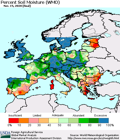 Europe Percent Soil Moisture (WMO) Thematic Map For 11/9/2020 - 11/15/2020
