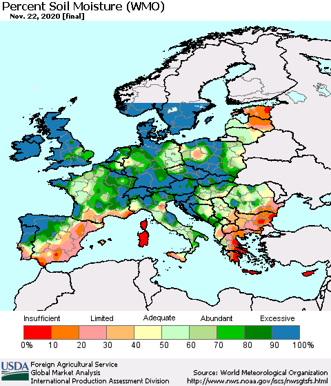 Europe Percent Soil Moisture (WMO) Thematic Map For 11/16/2020 - 11/22/2020