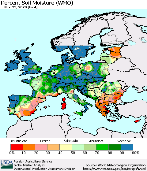 Europe Percent Soil Moisture (WMO) Thematic Map For 11/23/2020 - 11/29/2020