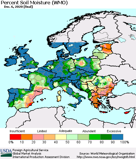 Europe Percent Soil Moisture (WMO) Thematic Map For 11/30/2020 - 12/6/2020