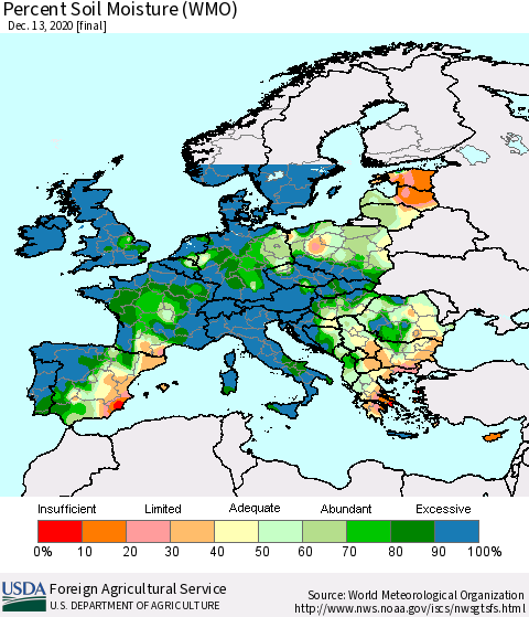Europe Percent Soil Moisture (WMO) Thematic Map For 12/7/2020 - 12/13/2020