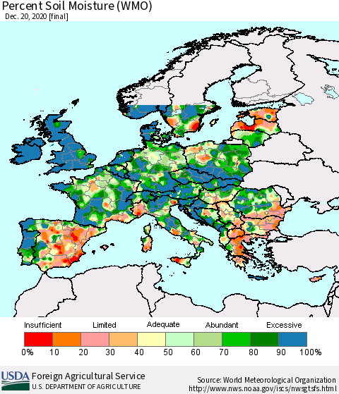 Europe Percent Soil Moisture (WMO) Thematic Map For 12/14/2020 - 12/20/2020