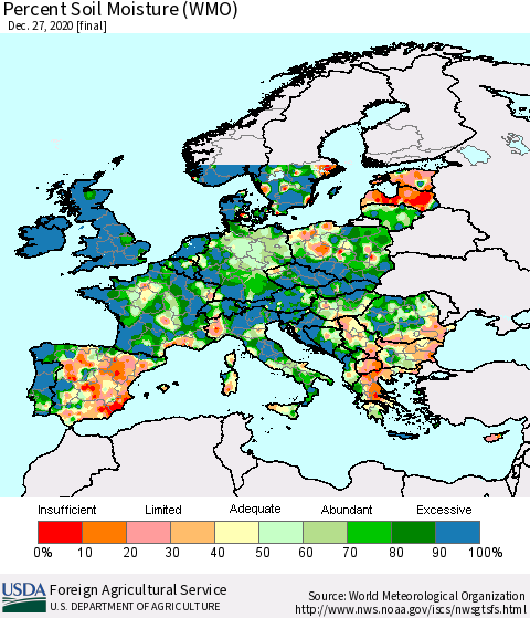 Europe Percent Soil Moisture (WMO) Thematic Map For 12/21/2020 - 12/27/2020