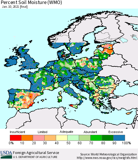 Europe Percent Soil Moisture (WMO) Thematic Map For 1/4/2021 - 1/10/2021