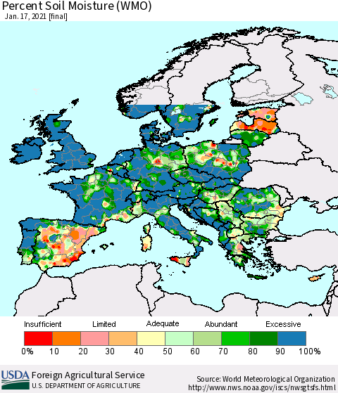 Europe Percent Soil Moisture (WMO) Thematic Map For 1/11/2021 - 1/17/2021