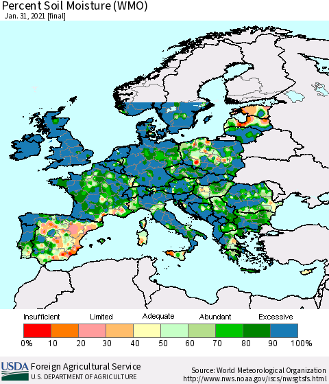 Europe Percent Soil Moisture (WMO) Thematic Map For 1/25/2021 - 1/31/2021