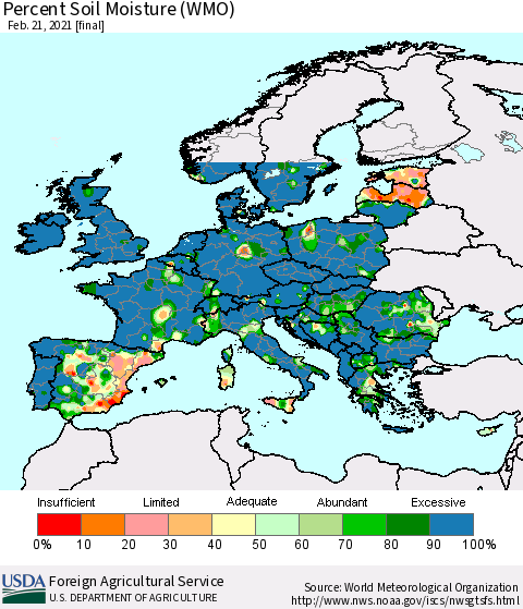 Europe Percent Soil Moisture (WMO) Thematic Map For 2/15/2021 - 2/21/2021