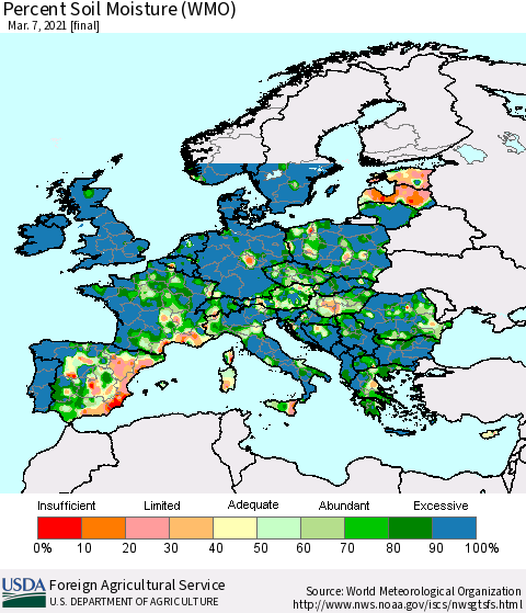 Europe Percent Soil Moisture (WMO) Thematic Map For 3/1/2021 - 3/7/2021