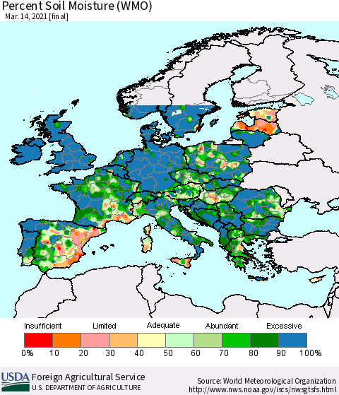 Europe Percent Soil Moisture (WMO) Thematic Map For 3/8/2021 - 3/14/2021