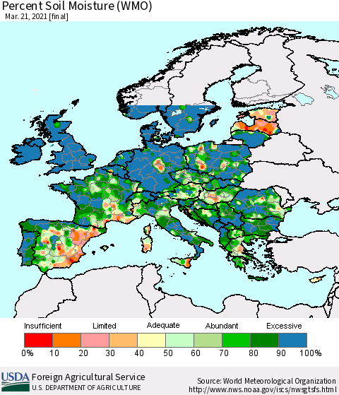 Europe Percent Soil Moisture (WMO) Thematic Map For 3/15/2021 - 3/21/2021