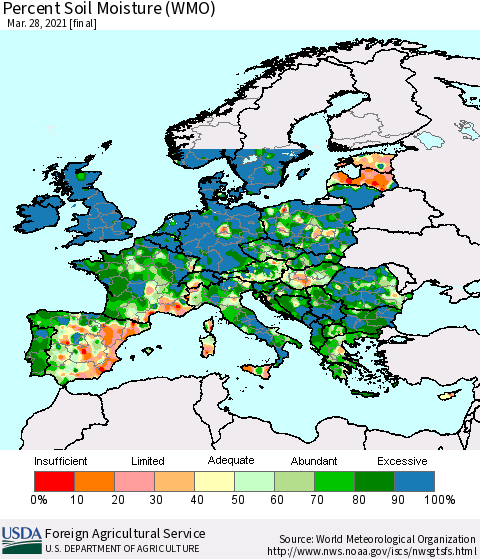 Europe Percent Soil Moisture (WMO) Thematic Map For 3/22/2021 - 3/28/2021