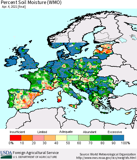 Europe Percent Soil Moisture (WMO) Thematic Map For 3/29/2021 - 4/4/2021