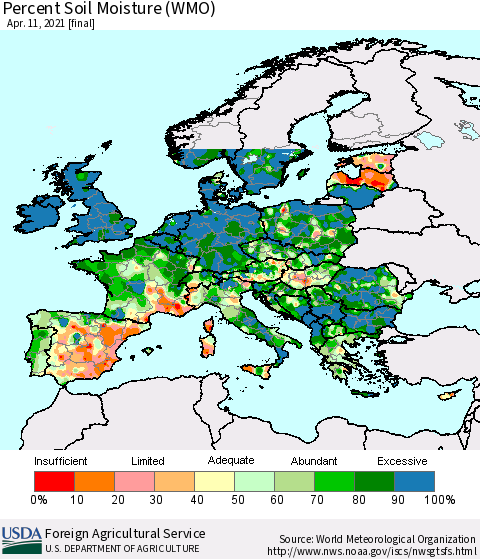 Europe Percent Soil Moisture (WMO) Thematic Map For 4/5/2021 - 4/11/2021