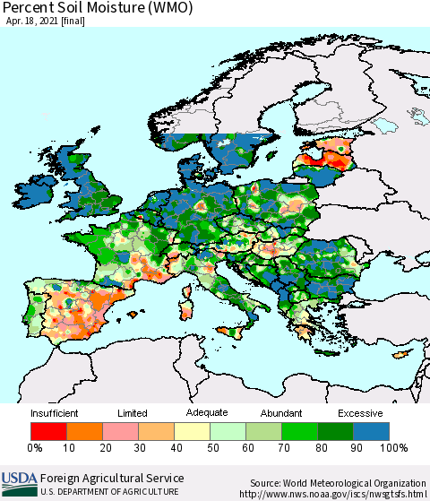 Europe Percent Soil Moisture (WMO) Thematic Map For 4/12/2021 - 4/18/2021