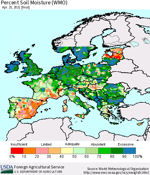 Europe Percent Soil Moisture (WMO) Thematic Map For 4/19/2021 - 4/25/2021