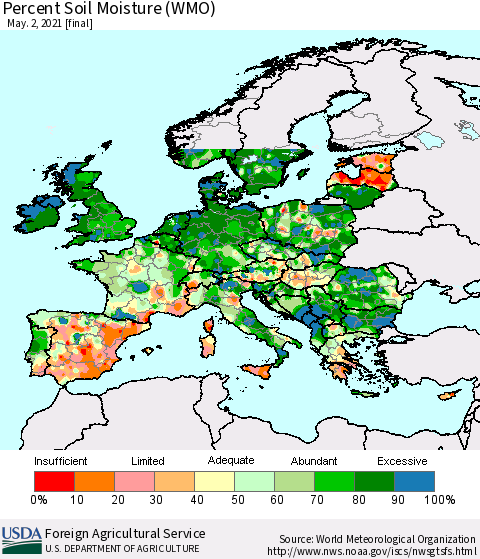 Europe Percent Soil Moisture (WMO) Thematic Map For 4/26/2021 - 5/2/2021