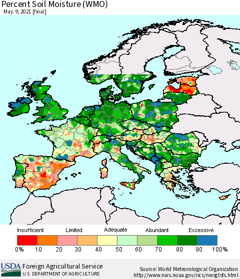 Europe Percent Soil Moisture (WMO) Thematic Map For 5/3/2021 - 5/9/2021