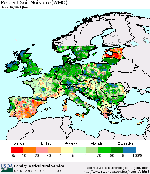 Europe Percent Soil Moisture (WMO) Thematic Map For 5/10/2021 - 5/16/2021