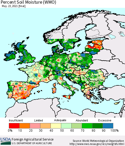 Europe Percent Soil Moisture (WMO) Thematic Map For 5/17/2021 - 5/23/2021
