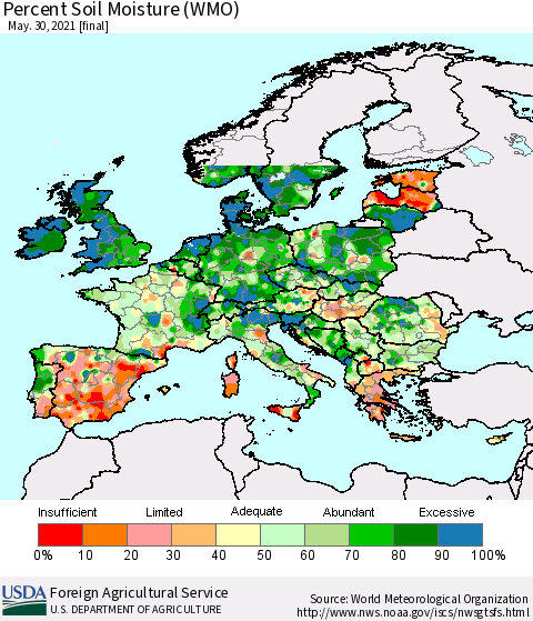 Europe Percent Soil Moisture (WMO) Thematic Map For 5/24/2021 - 5/30/2021