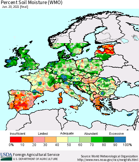 Europe Percent Soil Moisture (WMO) Thematic Map For 6/14/2021 - 6/20/2021