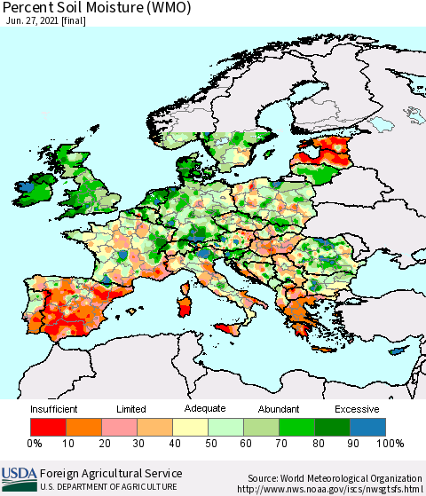 Europe Percent Soil Moisture (WMO) Thematic Map For 6/21/2021 - 6/27/2021