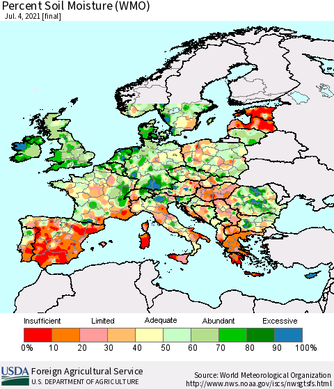 Europe Percent Soil Moisture (WMO) Thematic Map For 6/28/2021 - 7/4/2021