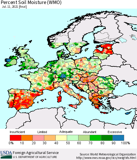 Europe Percent Soil Moisture (WMO) Thematic Map For 7/5/2021 - 7/11/2021