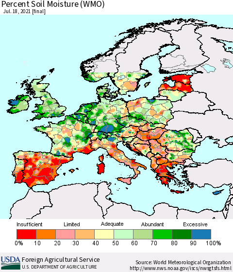 Europe Percent Soil Moisture (WMO) Thematic Map For 7/12/2021 - 7/18/2021