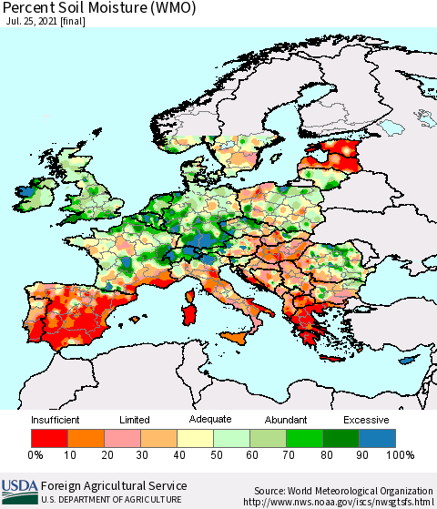 Europe Percent Soil Moisture (WMO) Thematic Map For 7/19/2021 - 7/25/2021
