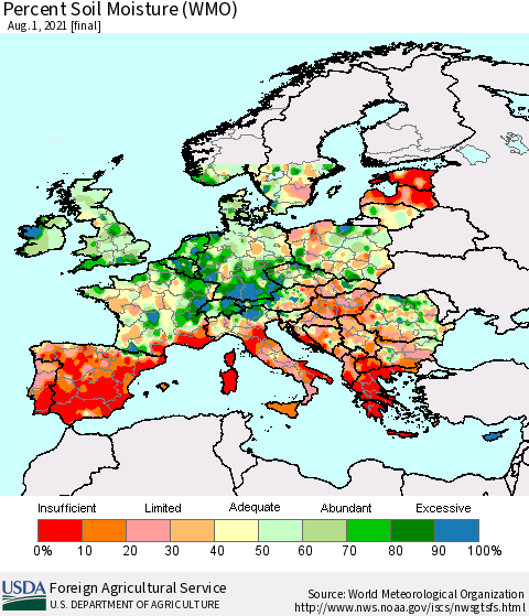 Europe Percent Soil Moisture (WMO) Thematic Map For 7/26/2021 - 8/1/2021