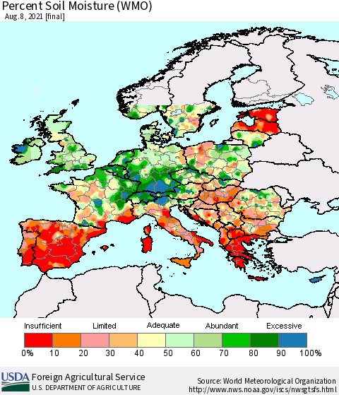Europe Percent Soil Moisture (WMO) Thematic Map For 8/2/2021 - 8/8/2021