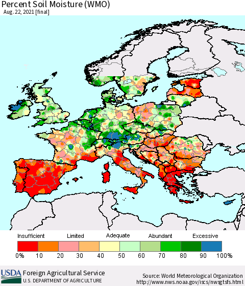 Europe Percent Soil Moisture (WMO) Thematic Map For 8/16/2021 - 8/22/2021