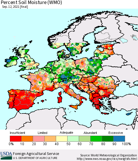 Europe Percent Soil Moisture (WMO) Thematic Map For 9/6/2021 - 9/12/2021